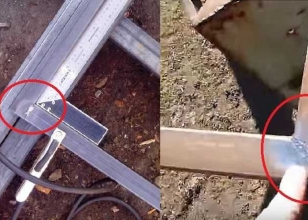 Сваривание углов каркаса для откатных ворот Сваривание углов каркаса для откатных ворот